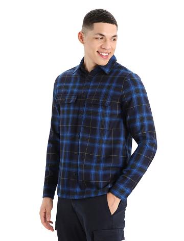 Bluzy Z Kapturem Icebreaker Merino Dawnder Long Sleeve Flannel Shirt Plaid Męskie Granatowe | PL 1692FDNM